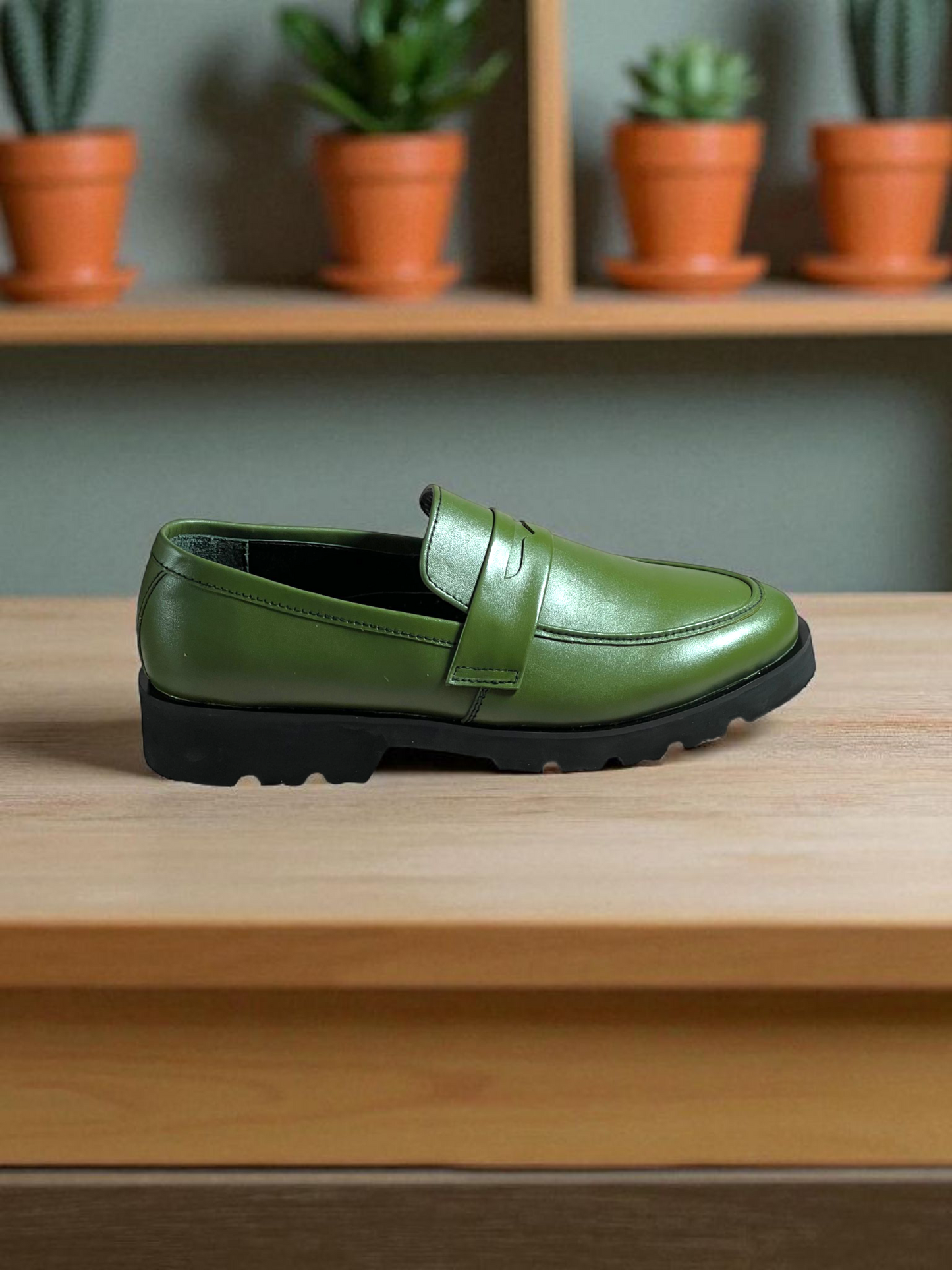Men’s Green Leather Loafers – Premium Handmade Slip-On Dress Shoes with Comfortable Sole